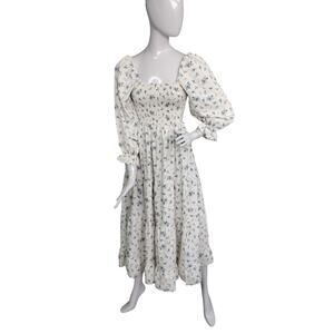 Shein Peasant Ditsy Floral Dress Small Shirred Bodice Balloon Sleeves Side Slit